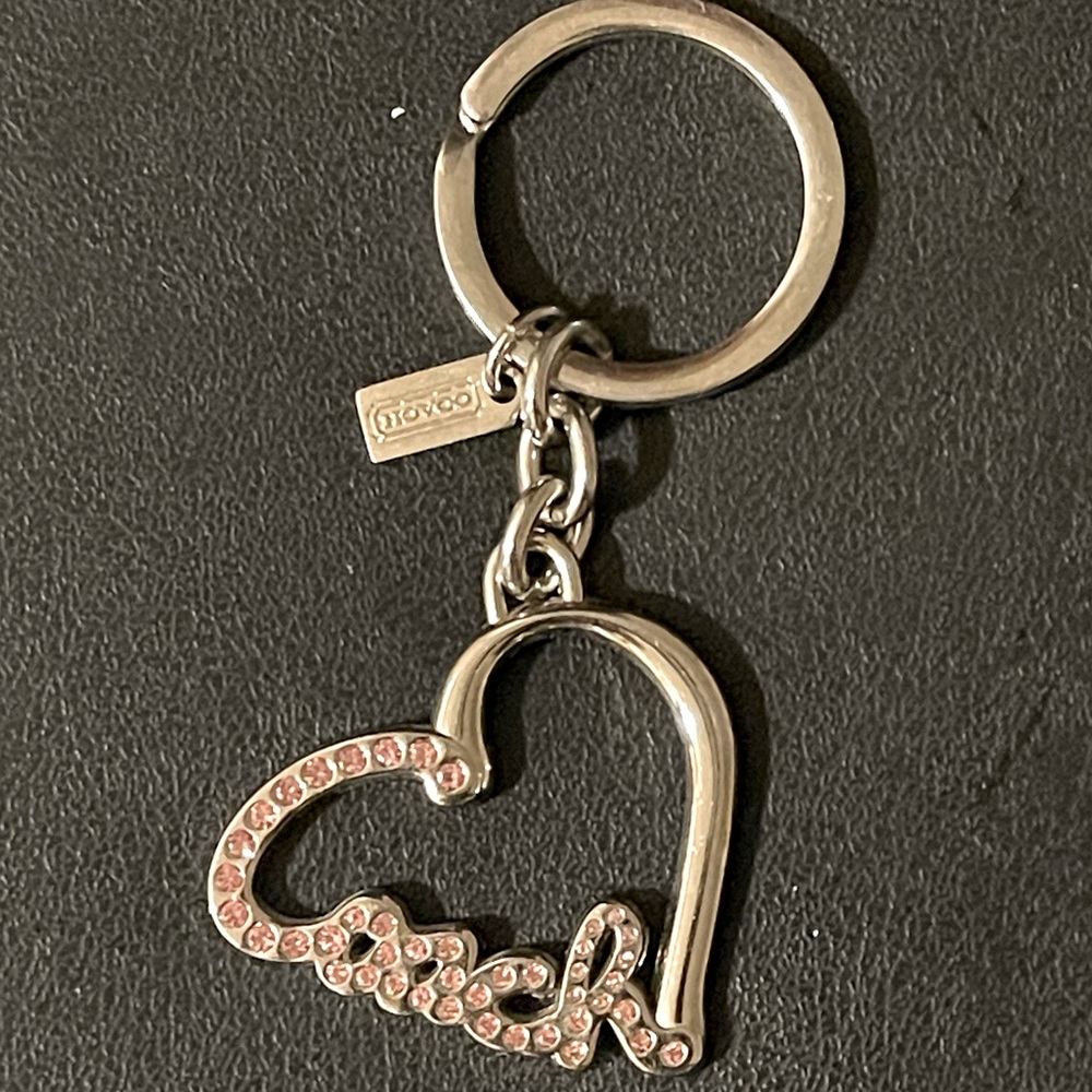 COACH Pave Crystal Script Signature Heart Keychain KEY Ring Fob 92631